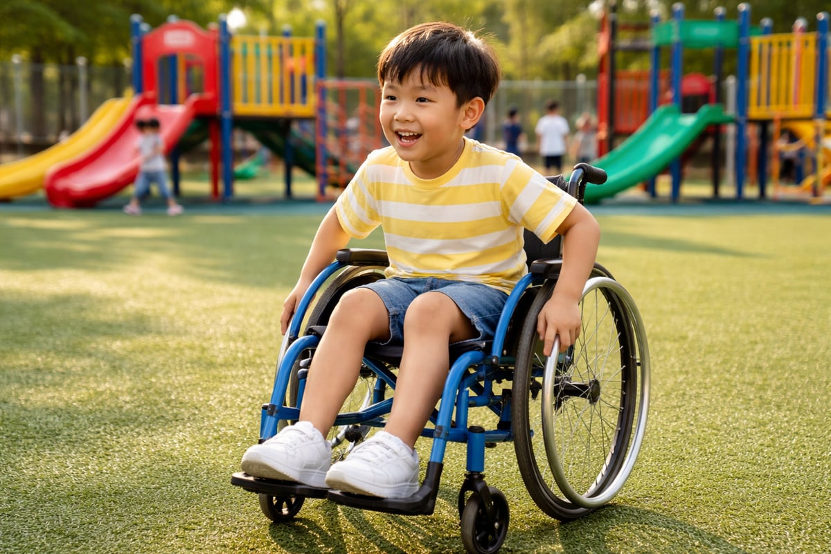 An asian child rolling in a wheelchair on an artificial turf playground-1
