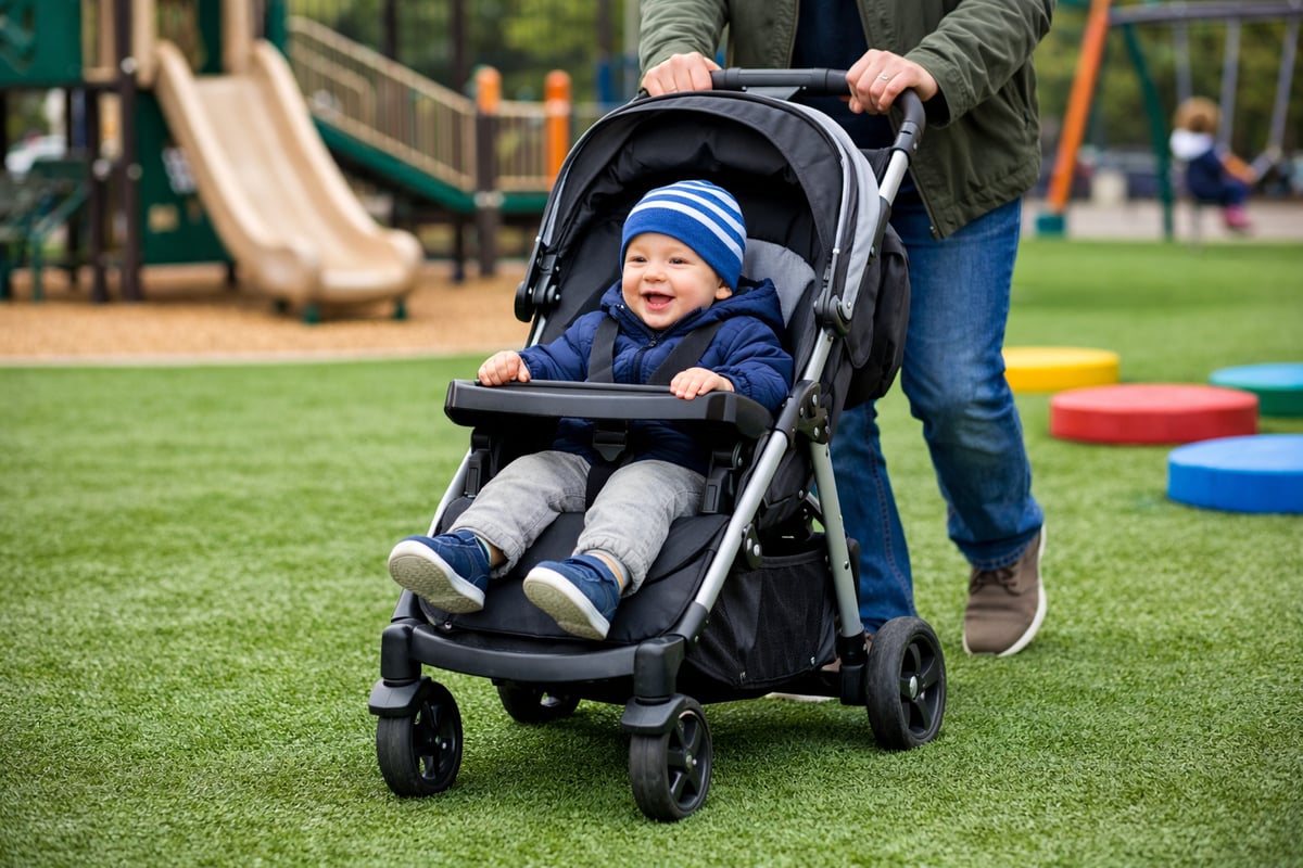 Child being pushed in a stroller on an artificial turf playground